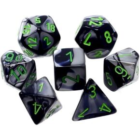 Black and Grey Gemini Mini Dice with Green Colored Numbers 10mm (3/8in) Set of 7 Chessex