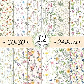 24 Pcs Spring Flower Paper Decorative Paper Cartoon Scrapbook Paper Pad for Writing Drawing, DIY Making Cards and Album Decoration, 11.8 x 11.8 inches