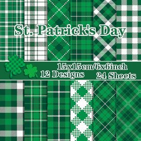 24 Sheets St. Patrick's Day Pattern Paper, Single-Sided Green Plaid Scrapbook Paper St. Patrick's Wrapping Paper Irish Decorative Craft Paper for Card Making Party Gift Bags Packing, 6" x 6"