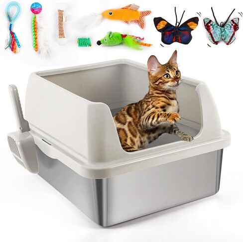 AFP Stainless Steel Cat Litter Box with Lid – XL Litter Box for Big Cats | High Sides, Non-Sticky, Anti-Leakage, Odor Control & Includes Litter Mat, Scoop & Toys (Grey) in Saudi Arabia
