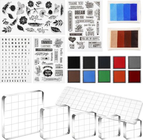 22 PCS أدوات طوابع أكريليك مجموعة أدوات 7 كتل واضحة من أكريليك للختم ، 4 أختام شفافة من السيليكون ، 12 لوحة حبر حرفية لصنع بطاقة DIY Scrapbooking Cards in Kuwait