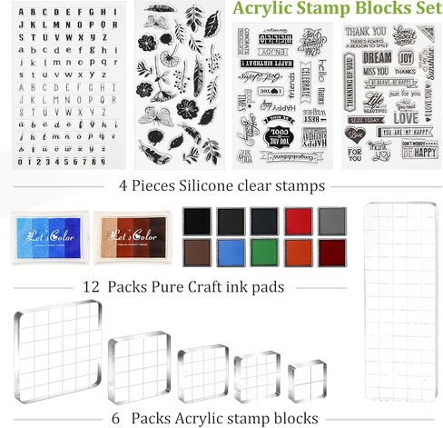 22 PCS أدوات طوابع أكريليك مجموعة أدوات 7 كتل واضحة من أكريليك للختم ، 4 أختام شفافة من السيليكون ، 12 لوحة حبر حرفية لصنع بطاقة DIY Scrapbooking Cards in Kuwait