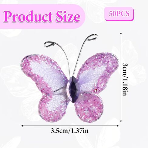 50pcs butterflies urganza nylon glitter butterfly purple diy craft craft shyer mesh wire blitter butterfly with gem for home and wedder decoration party decorations ، purple purple in Kuwait