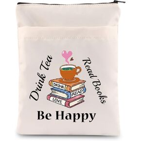 FEELMEM Bookworm Gift Drink Tea Read Books Be Happy Book Sleeve With Zipper Tea Lovers Book Pouch
