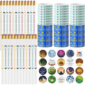 496 Pcs Eid Ramadan Mubarak Pencil Wristband Sticker Set Include 48 Pencil 48 Wristband 400 Sticker for Ramadan Mubarak Party Decorations Gifts for Kids(Classic)
