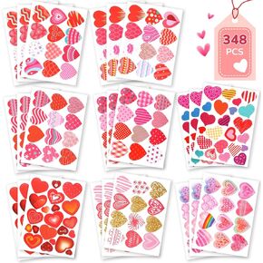 348 Pcs Valentines Stickers for Kids, Bulk Love Heart Stickers Valentines Crafts for Kids Classroom Favors Supplies, Valentine's Day Party Decorative Stickers for Gift Box Envelope Wedding