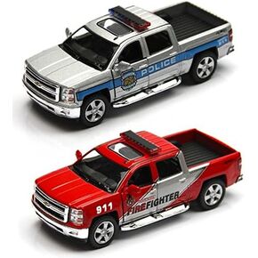 KiNSMART 2014 Chevrolet Silverado 1:46 Scale 5 Inch Police & Firefighter Pick-up Truck (2 Set)