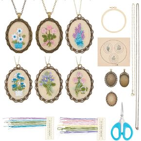FREEBLOSS 6 Set Embroidery Necklace Kit Embroidery Kit for Beginners Embroidery Pendant Flowers Brooch Mini Embroidery Kit with Instruction Embroidery Starter Kit for Adults Stamped Pattern Cloth