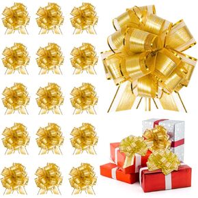 Bows for Gift Wrapping, 16 Pcs Pull Bow Gift Wrapping Pull Bow Ribbon Gift Bows for Christmas Wedding Baskets Bows Multicolor Ribbon Bow for Gift Wrapping (Gold)