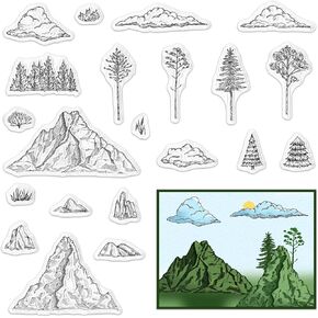 Mountain Cloud Clear Stamps for Card Making Individual Mountain Trees Rubber Stamps Trees Cloud Transparent Silicone Seals for Gift Card DIY Scrapbooking Embossing Card Album Craft Supplies