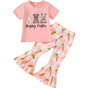 Girl Easter Outfit Short Sleeve Bunny T-Shir+Flared Bell Bottom Pants Easter Clothes 2-3T
