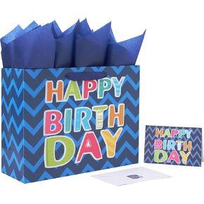 13" Large Blue Gift Bag Set with Greeting Card and White Tissue Papers (Laser Foil 'Happy Birthday') for Men's Birthday Party, Boys' or Kids' Parties, Baby Shower, Baby Boy - 13"x5.2"x10.2", 1 Pcs.