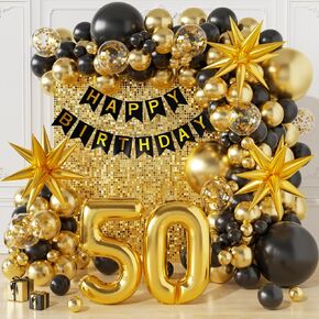 50th Birthday Decorations for Men and Women, Happy 50th Birthday Banner Balloons Arch Kit, Black and Gold 50 Balloon Numbers, 50th Party Decorations for Him and Her