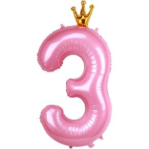 40 Inch Crown Pink Number 3 Balloon, Big Conjoined Baby Pink Foil Mylar Helium 3 Balloon for Girls 3rd Birthday Party Decorations Pink Princess Theme Party Decorations Supplies Anniversary Decor