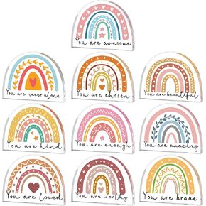 10 Pcs Rainbow Acrylic Gifts Bulk Inspirational Quotes Rainbow Acrylic Paperweight Keepsake Gifts for Women Teacher Friend Birthday Mother's Day Gifts Office Desk Decors