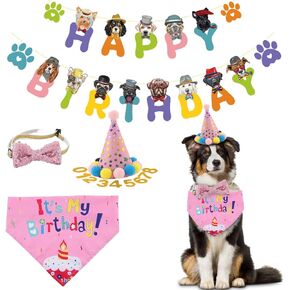 Dog Birthday Hat Bandana Party Decorations, Reusable Dog First Birthday Supplies with Banner Bowtie Numbers Crown, Cute 1st Large Puppy Girl Happy Birthday Outfit Shirt, One Size for Dogs Pet (Pink)