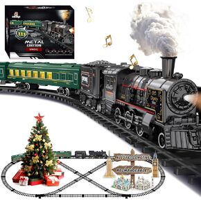 Electric Train Sets for Kids Metal Alloy Christmas Train Toys Steam Locomotive, Glowing Passenger Carriages, Luxury Tracks, Light & Sounds Rechargeable Birthday Gifts for Boys Girls Green