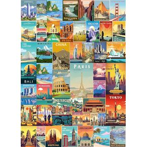 Vintage World Travel Puzzles for Adults 1000 Piece, Colosseum Eiffel Tower Landscape Poster Puzzle Landmarks, Scenic Jigsaw Puzzles for Adults Paris Italy Scenery