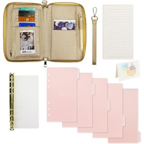 A6 PU Leather Budget Binder Wallet with Zipper, PU Leather Cover Notebook with Zipper - 45 Sheets of Refill Paper, A6 Gold 6-Ring Binder, 1 Set Pink Divider Pocktes Gift Card for Women (Champagne)