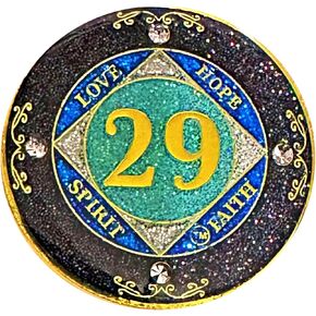 Simply Minimal (1-50 Years) NA Year Crystals and Glitter Medallion, Golden Color Plated Coin, Black Rainbow, Blue Glitter and Four Clear Crystals