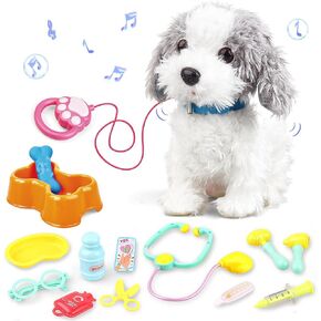 Dollox Walking Barking Toy Dog Pets with Remote Control Leash, Plush Interactive Puppy Electronic Toy for Kids, Shake Tail, Pretend Dressup Stuffed Animal with Veterinary Kit, Gifts for Ages 3 4 5 6