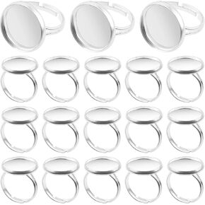 20pcs Silver Adjustable Blank Rings Stainless Steel Finger Ring Bezel Blanks Settings Components with 16 mm Round Pad Base for DIY Ring Jewelry Making Supplies
