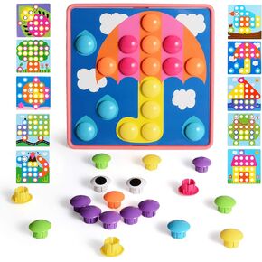EINSTEM Button Art Toddler Toys Age 3+ Year Old, Early Learning Educational Montessori Toys Color Matching Games Mosaic Pegboard for Boys & Girls Gifts, 10 Pictures 46 Buttons and Pink Storage Box