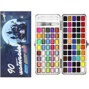 SEAMIART Watercolor Half Tray 90 Colors - 50 Basic Colors 36 Bright Colors and 4 Neon Assorted Colors Palette Metal Carrying Case for Beginners, and Professional Artists Include Pen
