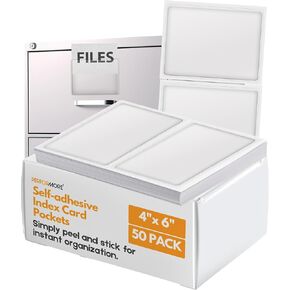 Performore 50 Pack Self-Adhesive Index Card Pockets, 4"x 6" Top Loading Plastic Protector, Clear Plastic Label Holder for Storage, Organization, Labeling Bins, Folders, and Files.
