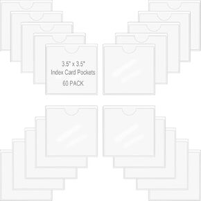 60 Pack Self-Adhesive Index Card Pockets for 3.5 x 3.5 Inch Card,Clear Plastic Labels Holders with Top Open for Loading, Storage Bins, Library and Bins