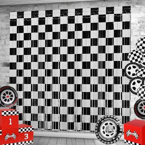 Race Car Foil Fringe Curtains Backdrop Birthday Party Decorations, 2 Pack 3.28 x 6.56 Ft Black White Foil Fringe Curtain Photo Booth Props Cars Lightning Fast Wheels One Happy Dude Party Decorations
