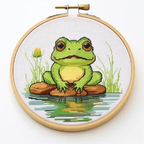 Generic Cartoon Green Frog DIY Stamped Cross Stitch Kits Easy for Beginners and Children with Hoop 11CT Needlepoint Counted Embroidery Kits Art Craft Wall Decoration 12x12inch(4)
