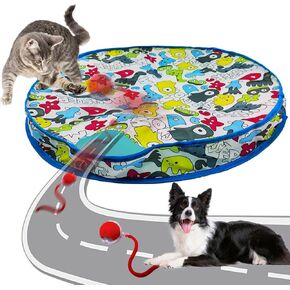 Interactive Cat Toy for Indoor Play Mat Toy with Auto-Rolling Ball in Pouch, Motion Activate/Chirping, Hide and Seek Rechargeable Toy- Blue