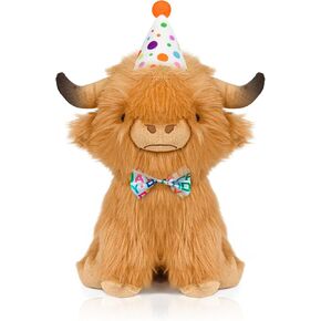 Happy Birthday Highland Cow Plush, Birthday Stuffed Animal, Soft Plushie Cute Cow Plush Pillow Gifts for Boys & Girls (9.8 Inch)