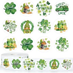 1000Pcs St. Patrick's Day Stickers Roll Shamrock Clover Gnome Truck Paper Decals Watercolor Green Adhesive Seal Sticker for Envelope Journal Decor Party Supplies