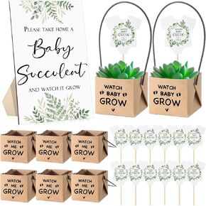 Geetery 101 Pcs Succulent Baby Shower Party Favor 1 Wooden Table Sign 50 Watch Me Grow Tags and 50 Kraft Succulent Pots for Guest Baby Shower Favors Gifts(Watch baby)