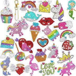 Chinco 32 Pcs Diamond Art Kits for Kids 5d Gem Diamond Art Kit for Kids Ages 6-12 with 24 Stickers/2 Suncatchers/2 Keychain and Hook/4 DIY Tools Painting Art Crafts Gift for Girls Christmas(Cute)