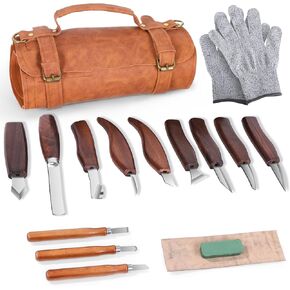 Wood Carving Kit, 14Pcs Wood Carving Tools with PU Leather Storage Bag and Anti-Slip Cut-Resistant Gloves, High-Quality Wood Whittling kit for Woodworking and Crafting