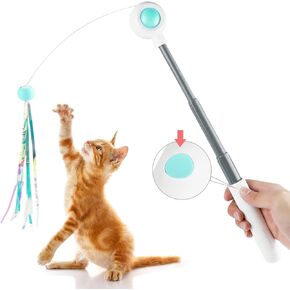 Interactive Cat Toy Cat Wand Toy, Cat Toys for Indoor Cats, Cat Feather Wand Toy with Replaceable Feathers and Fassels for Cats to Chase and Exercise-Blue