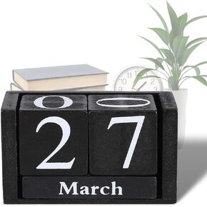 Desktop Wooden Calendar, Vintage Perpetual Date Desk Calendars Blocks Time Concept Rustic Wooden Cubes Calendar Month Date Display Home Farmhouse Office Decoration, 3.7 x 2.04 x 1.61in, Black