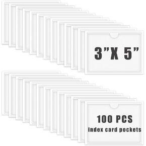 100 Pcs 3 x 5 Inches Self Adhesive Index Card Pockets, Clear Plastic Labels Holders Adhesive Pockets with Top Open for Storage Bins, Library,Organizing