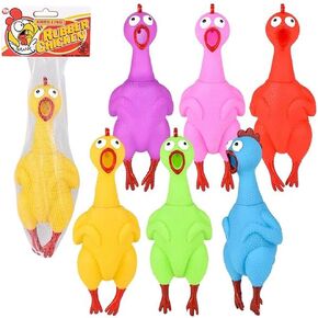 The Dreidel Company Rubber Sound Chicken, Squeeze Chicken with Sound Toy, Practical Joke and Gag Toy, Party Favor Noisemaker, 1 Chicken 9.5 Inch, Assorted Colors