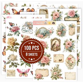 Tshirtmazing 100 PCS (8 ورقة) Junk Journal Kit Scrapbook Stickers Vintage Finoring for Journals ، Junk Journal Supplies Kit with Paper ، ملصقات ، زينة عتيقة ملصقات زهرة عتيقة