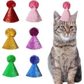6 Pieces Mini Cat Birthday Hats, Multi-Color Pet Party Hats Cute Adjustable Dog Hat with Pompoms Headbands Stuffed Animal Party Hats for Puppy Kitten Mini Hats
