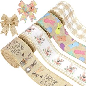 Peony Man Easter Wired Edge Ribbon Farmhouse Easter Bunny Burlap Ribbons 2.5 "Plaid Rustic Peaps Mired Mired For Easter Holiday Wrapp Wrapp