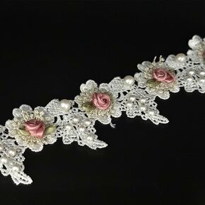 2 Yard Vintage White Pearl Beads Rose Flowers Embroidered Lace Edge Trim Fabric Floral Appliques Lace Ribbon Bridal Handmade Sewing Craft for Wedding Bridal Dress Clothes Hat Decoration (White)