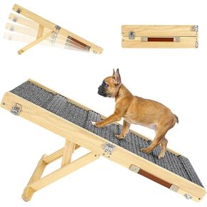 Pawaboo Foldable Dog Ramp for Bed, Portable Wooden Pet Ramp, 4 Adjustable Height from 7.9" to 17.7", Stable Pet Steps Fit for Small Dogs Cat with Non-Slip Pad, Use for Low Bed Couch Stairs