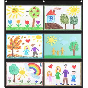 6 Pockets Black Classroom Chart with Large Pockets 28.3 x 24.4 in, A4 Classroom Schedule Pocket Chart for Cards, Drawing, Pictures, Class Demonstrations, Homework, Teacher Office Activities