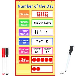 Giant Math Number of The Day Pocket Chart, with 37 Dry Erase Cards, Teacher Must Have Essential Homeschool Teaching Supplies, Math Manipulative