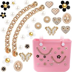 سحر لحقيبة Bogg Pearls & Flower Butterfly & Bling للاشتعال للاشتعال Bogg Bag Assories سحر متوافق ببساطة حقيبة شاطئية جنوبية إدراج لحقلة الشاطئ (30 PCS)